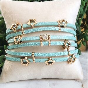 New Ryze Women's Aqua & Gold Star Vegan Leather Wrap Bracelet